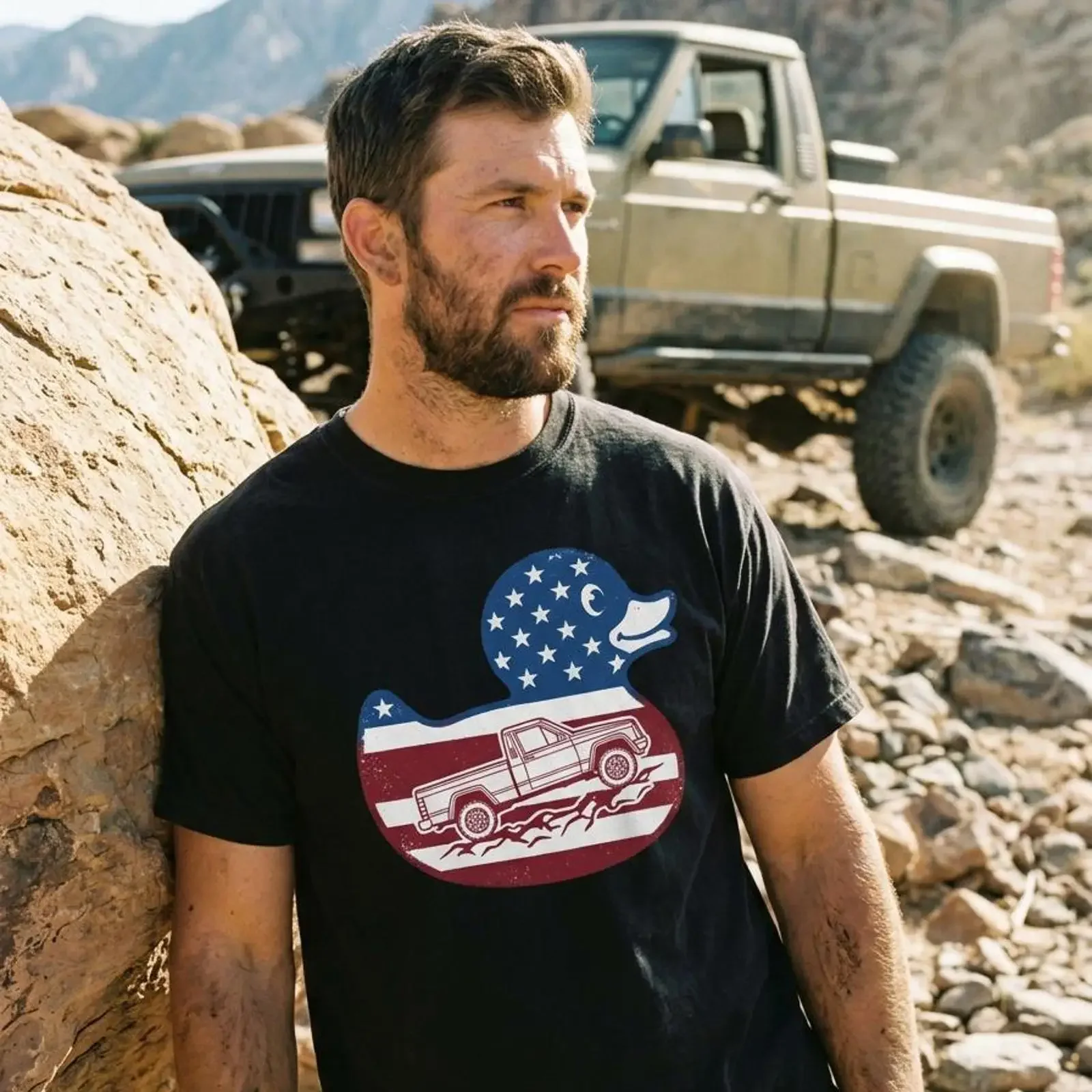 USA Flag Rubber Duck with Comanche MJ Pickup Truck T Shirt vintage Washed homme Versatile Stretched graphic Casual Unisex