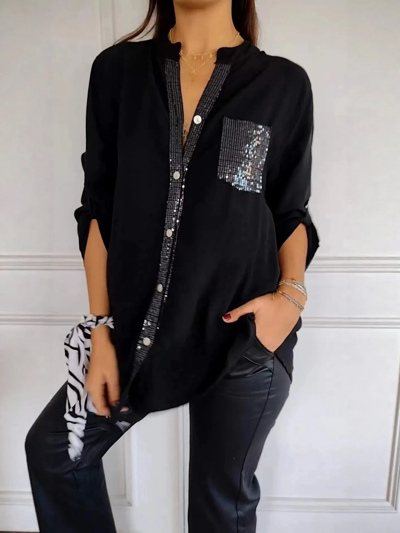 

Женская осенняя модная милая шикарная рубашка с блестками, однобортный повседневный топ с коротким рукавом и воротником Генри для женщин