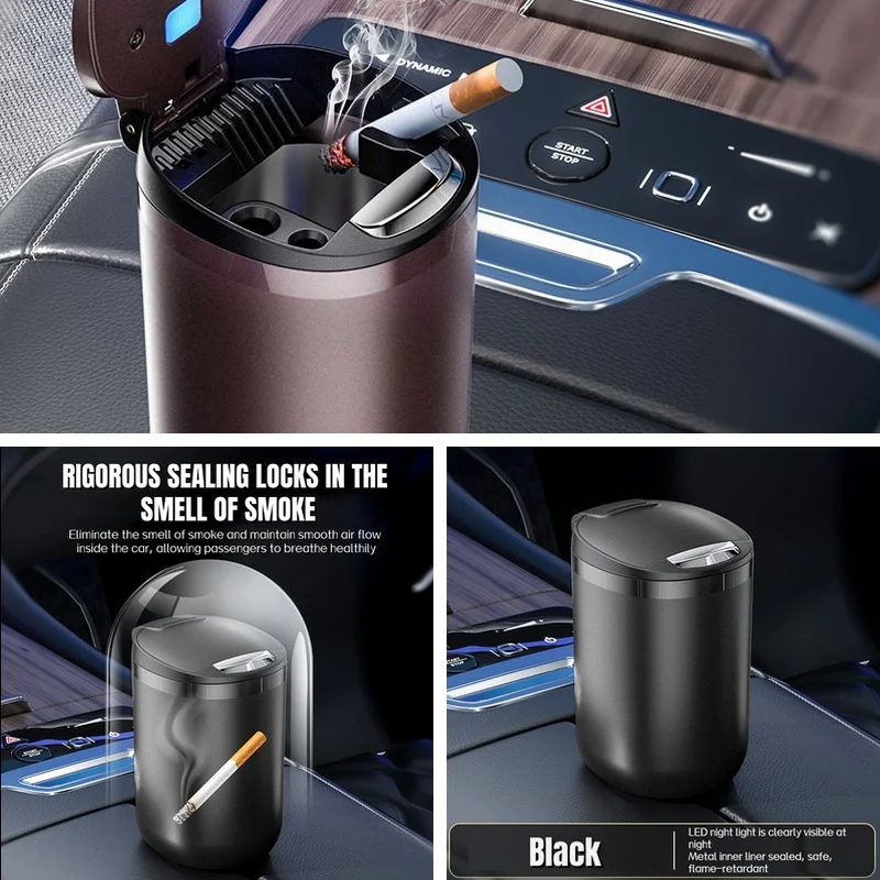 1PC New Auto Ashtray, One Click Open Design, Stainless Steel Liner With LED Light, Sealed Lid Odor-proof Portable Ash Cup