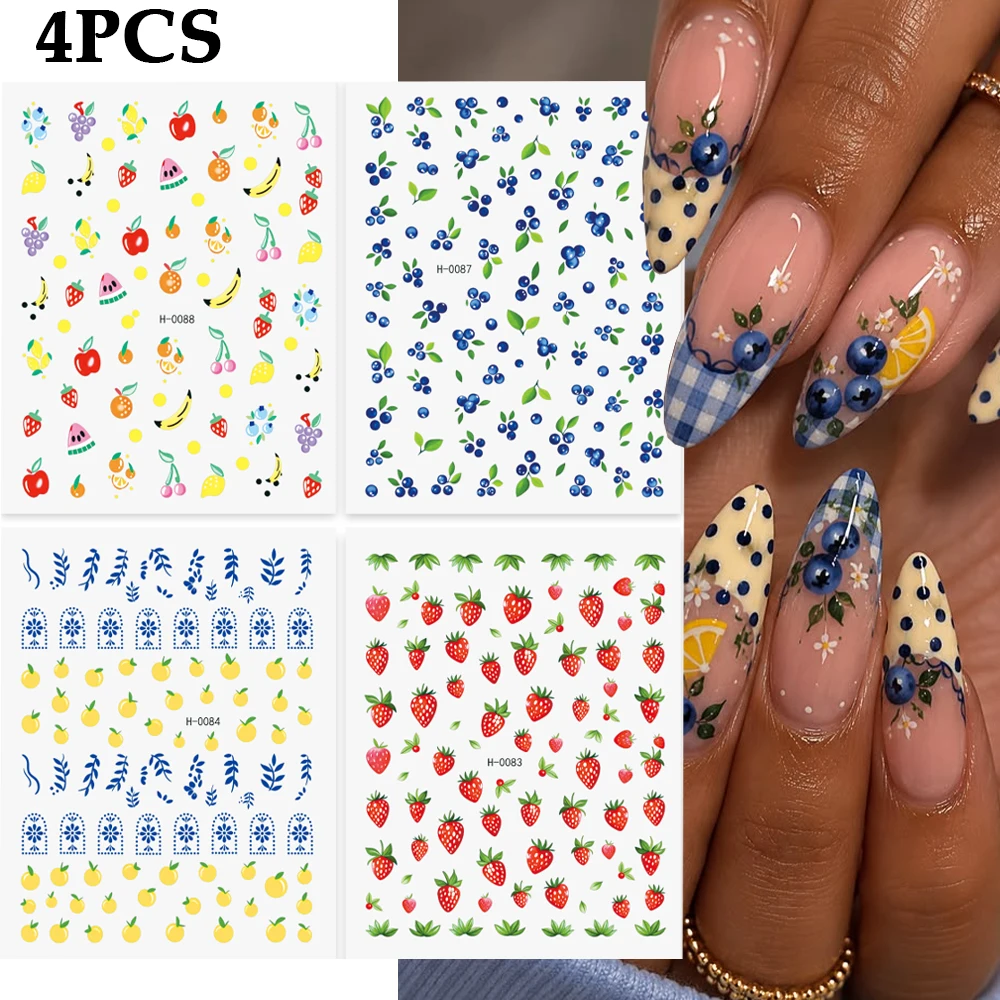 4 Sheets 3D Blueberry Strawberry Lemon Fruit Nail Stickers, Summer Picnic Style Self-Adhesive Nail Decals, DIY Manicure Sliders