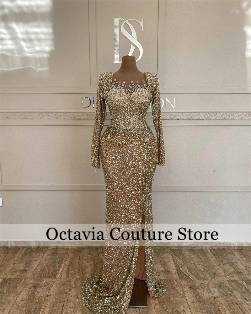 Champagne Full Sleeve Dubai Evening Dresses Sequin 2024 Birthday Luxury Dress Bead With Split Special Occasion Gown Customized