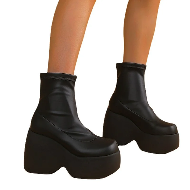 Black Stretch Leather Ultra High Heel Womens Long Boots Sexy Slim Punk Style Platform Motorcycle Booties Knee-High Female Shoes