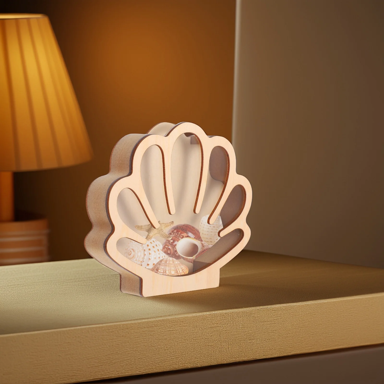 

Wooden Storage Box Seashell Shaped Display Case Multifunction Khaki Holder for Seashells Small Items Decorative Container