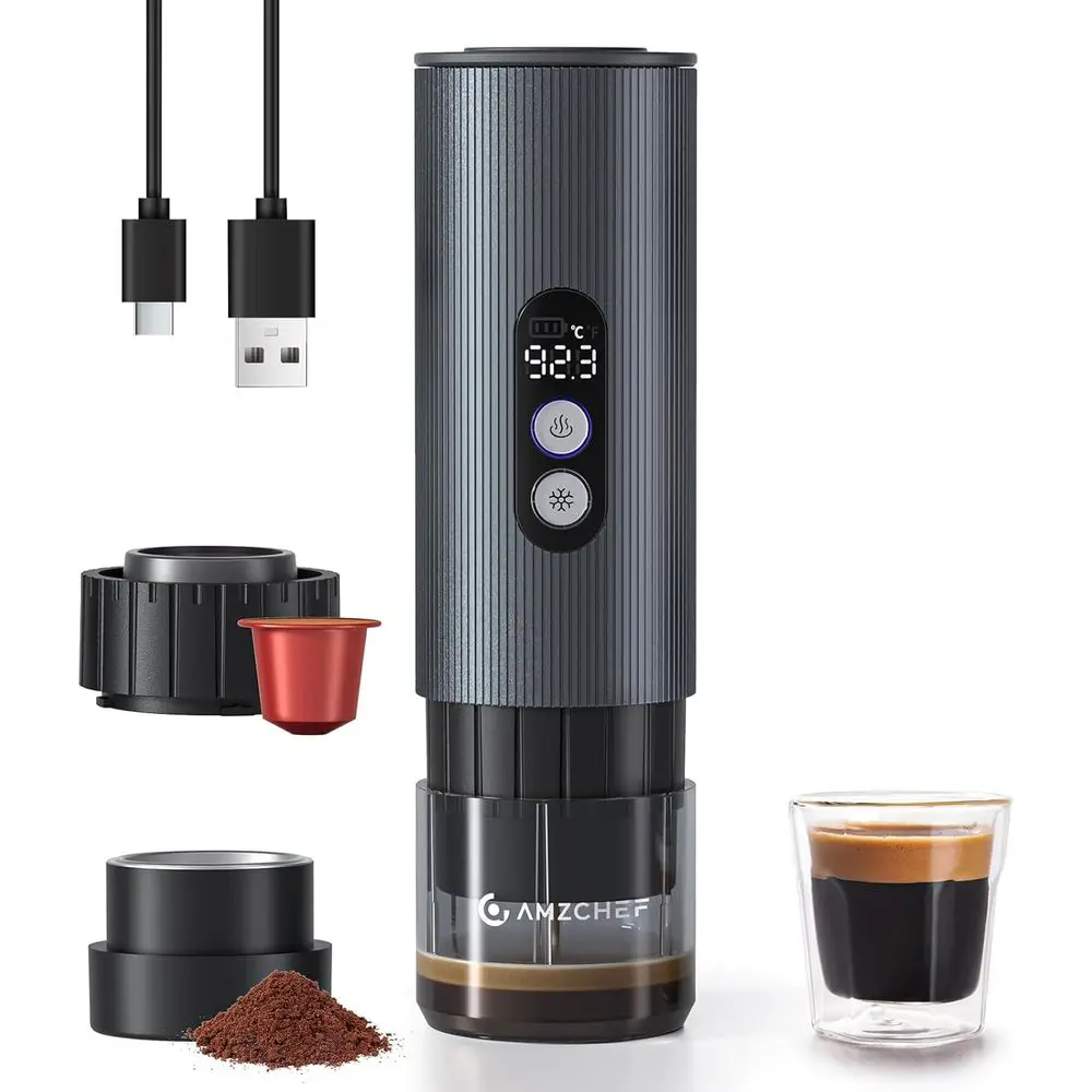 

Portable Coee Maker Rechargeable w/ 9000mAh Battery, 2-in-1 Travel Maker or Ground/NS sules, Car hine Sel-Heating or Camping, RV