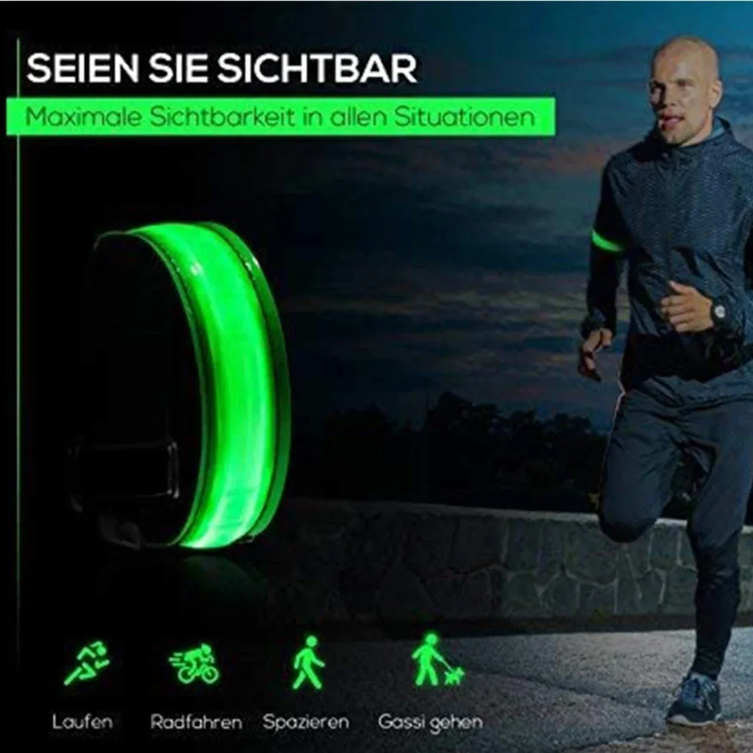 Brazalete luminoso con carga USB para correr de noche, pulsera reflectante para deportes al aire libre, cinturón de seguridad para bicicleta, pulsera brillante para ciclismo