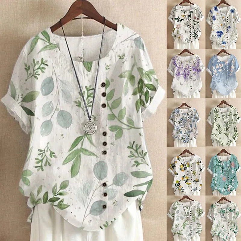 2024 summer AliExpress vintage cotton and linen fashion print loose casual shirt short sleeve T-shirt