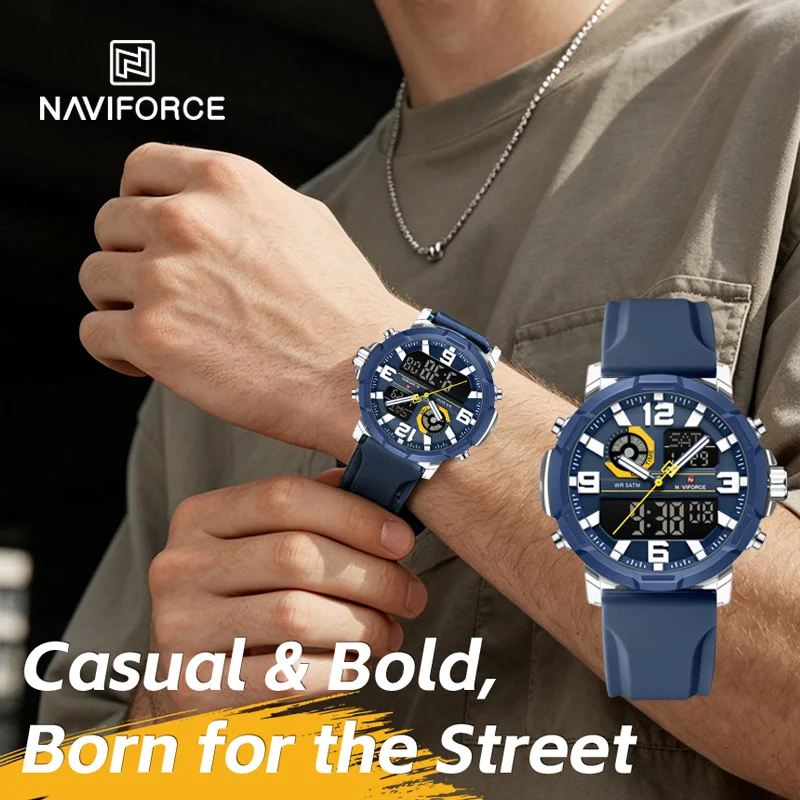 NAVIFORCE Sportliche Mode-Quarzuhr für Herren, Dual-Display, 5ATM Wasserdicht, Uhr mit Weichem Silikonarmband, Multifunktions-Armbanduhr für Männer