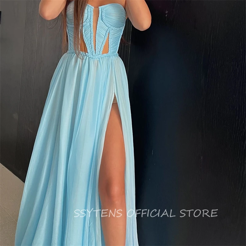 Sexy Illusion Beach Prom Gowns Sky Blue Sweetheart A Line Vestidos Para Mujer Soft Chiffon Gown Dress for Women платье вечернее