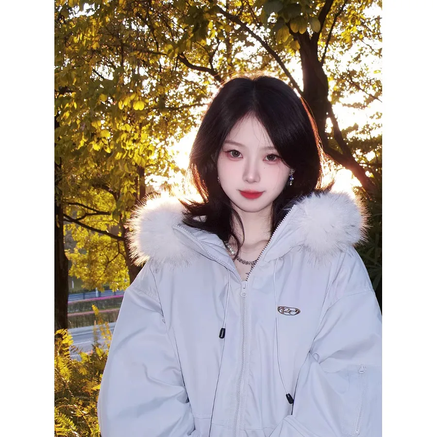 Women's Parka Style Thickened Winter Coat Warmth Collar Cotton Jacket Outerwear Casual Workwear Short Sleeve Zipper Closure