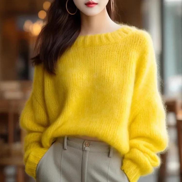 2024 Yellow Round Neck Women's Sweater Autumn/Winter Idle Style Soft Knitted Top Beautiful Base Layer For Various Outfits