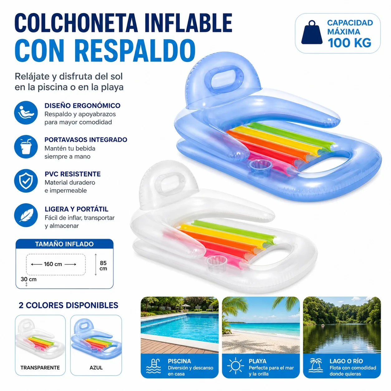 Tapis de piscine gonflable avec dossier et accoudoirs, porte-gobelet intégré, matériau PVC, deux couleurs transparent et bleu