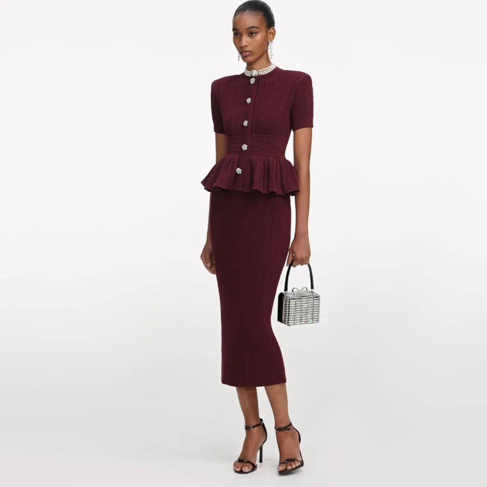 

Fashion Two Piece High Collar Short Sleeve Wedding Guest Party Dress Straight Column Midi Dress Customized Women's Prom Gowns