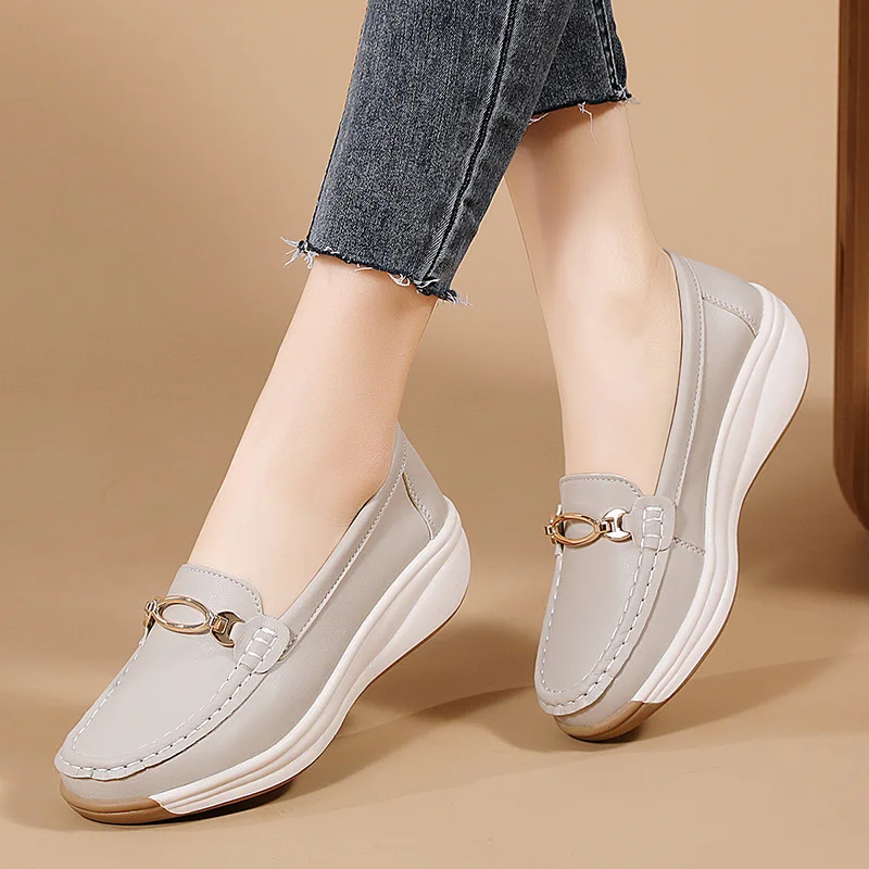 2026 Women Wedge Leather Shoes Slip on Moccasins Casual Sneakers Zapatos Mujer Women Platform Casual Loafers Shoes Plus Size 41