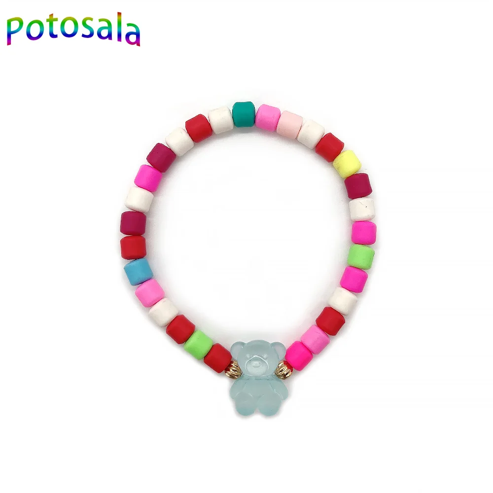 Potosala Barrel Polymer Clay Beads Bracelet Cartoon Rainbow Candy Bear Beaded Bracelet Women's Beach Jewelry Gift