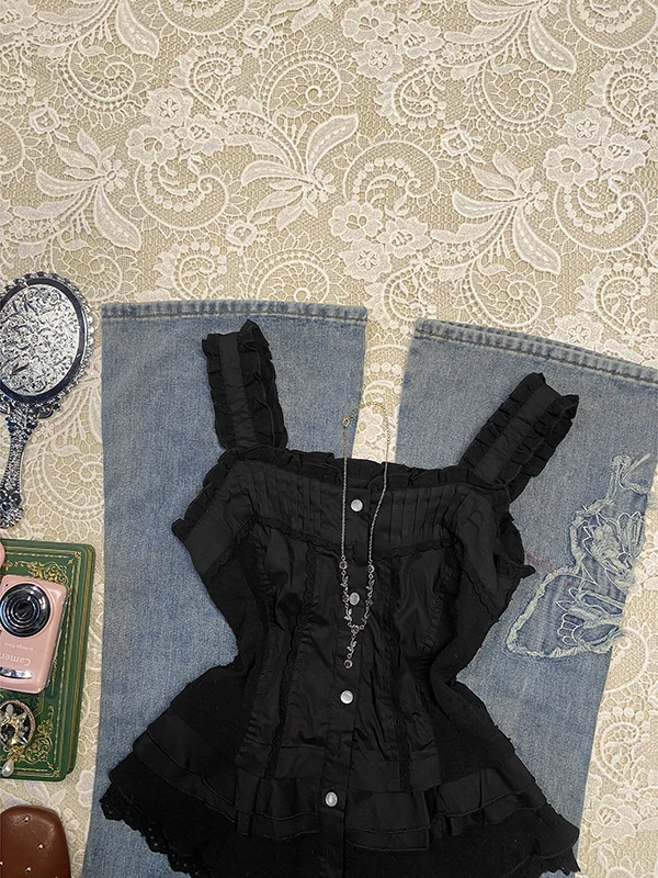 

Original Bla Lace Splice Strap Vest Women's Summer Vintage Vintage Clothing Top Girls' Commute Sle Straight Tube Cotton