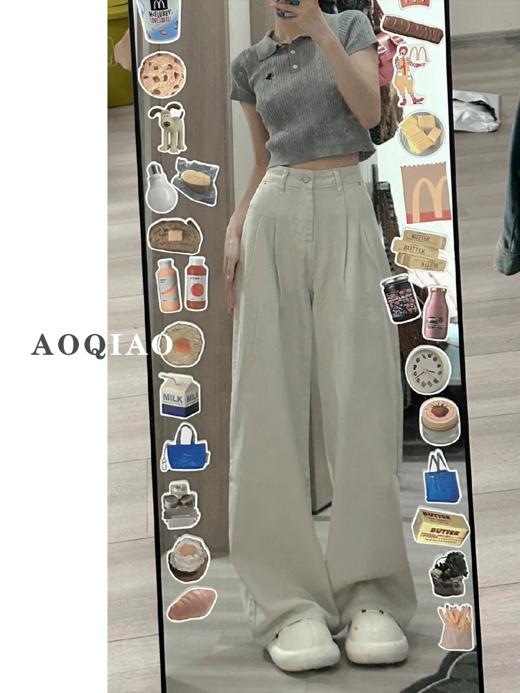 

White Wide Leg Jeans Women's Loose Folded Design High Waist Straight Cut Trousers Fashionable Casual High Waist Denim Jeans