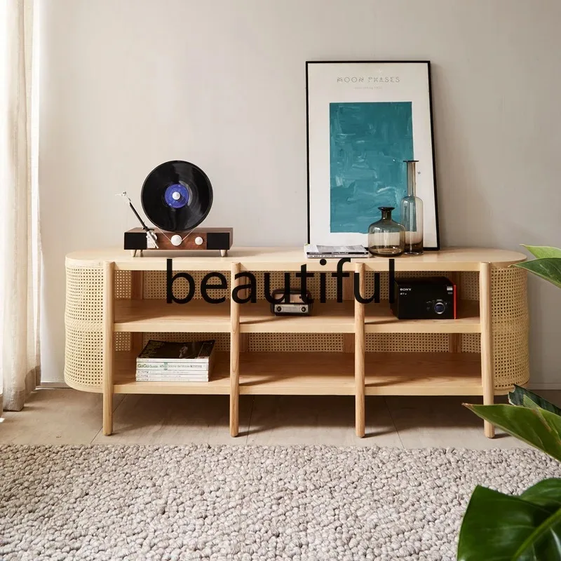 A139 Rattan TV cabinet Nordic solid wood living room modern simple floor cabinet combination locker furniture
