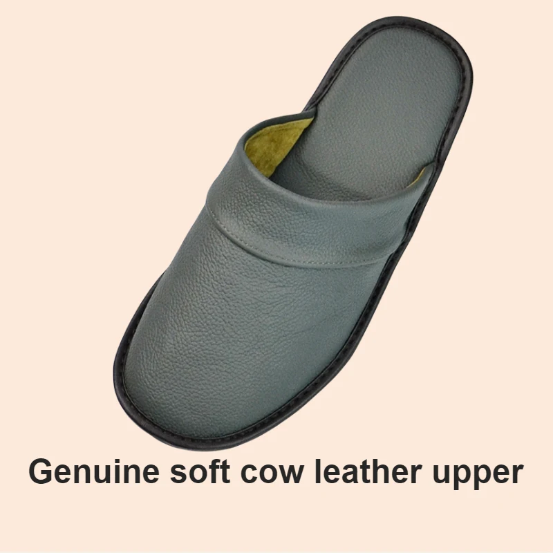 Genuine Cow Leather Slippers Homes in indoor slipper Spring Autumn summer men women elderly non-slip casual single Slides shoes