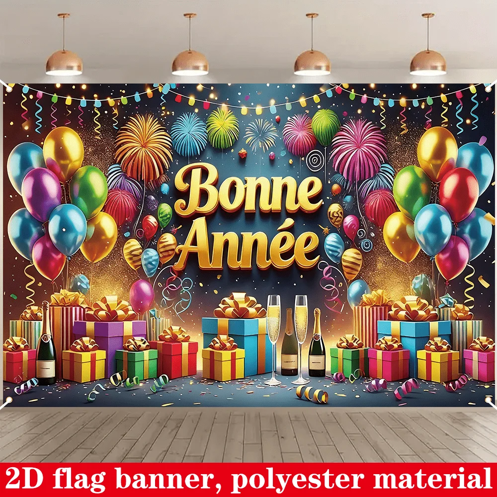 Plano 2D, 1 pancarta de fiesta de año nuevo Bonne Année, 150 cm x 100 cm (59 x 39,4 pulgadas), decoración francesa de Feliz Año Nuevo con globos,