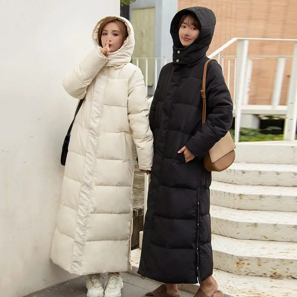 Cotton Coat with Fleece Lining Women's Hooded Cotton Coat with Side Slit Hem Long Sleeve Down Jacket Thickened for Winter