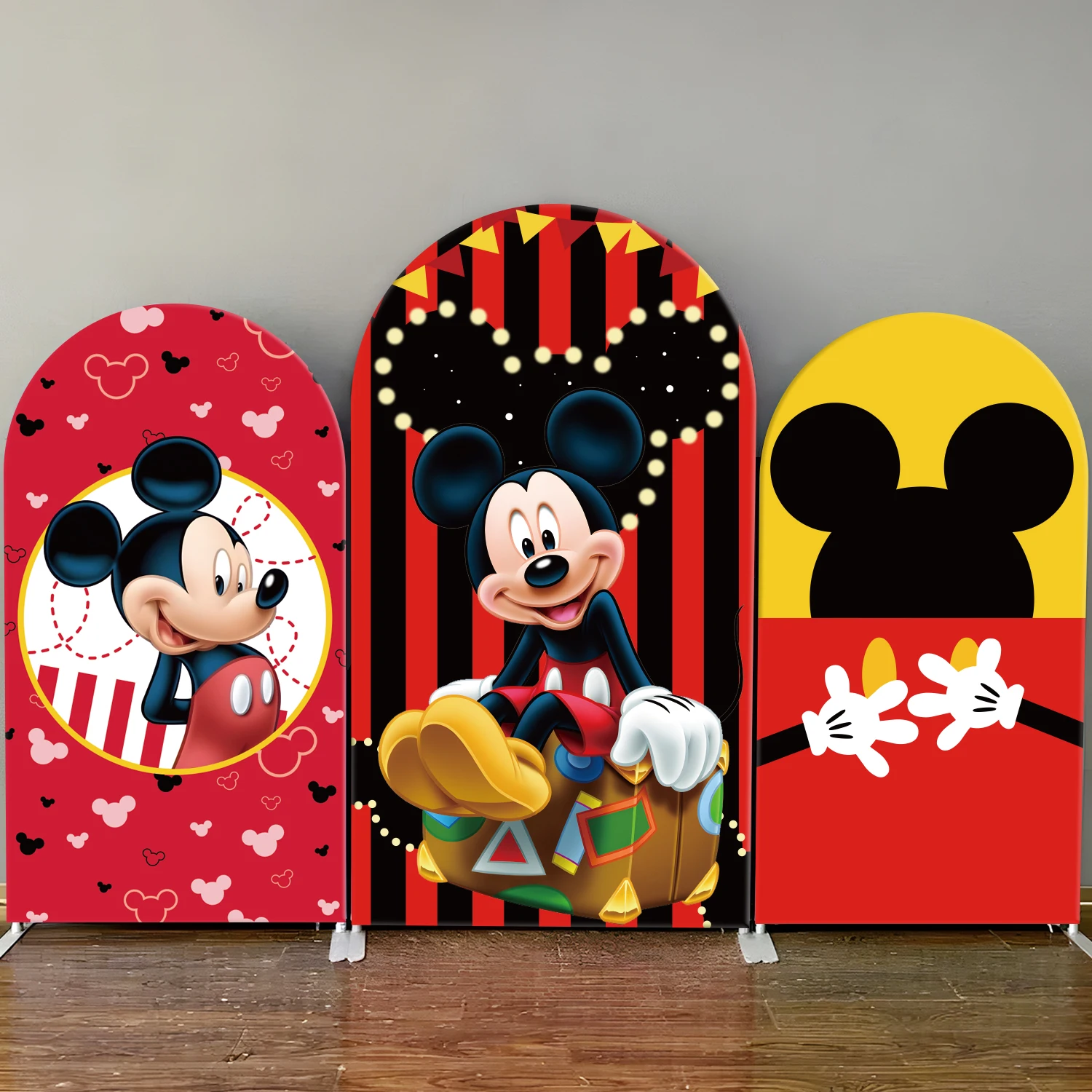 

Disney Mickey Mouse Arch Backdrop Cover Gold Red Baby Shower Boy Birthday Party Background Decor Photography Wall Elastic Fabric