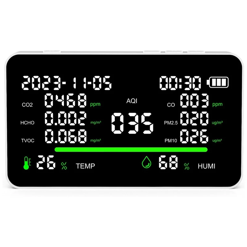 monitor de qualidade do ar interior termometro medidor de umidade tester duravel co2 voc aqi pm25 11 em 1 01