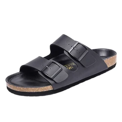 New Leather Slipper Same Gender Design Summer Comfort Hotel Beach Sandals Slip on Light Flats Male Trends Double Buckle Slippers