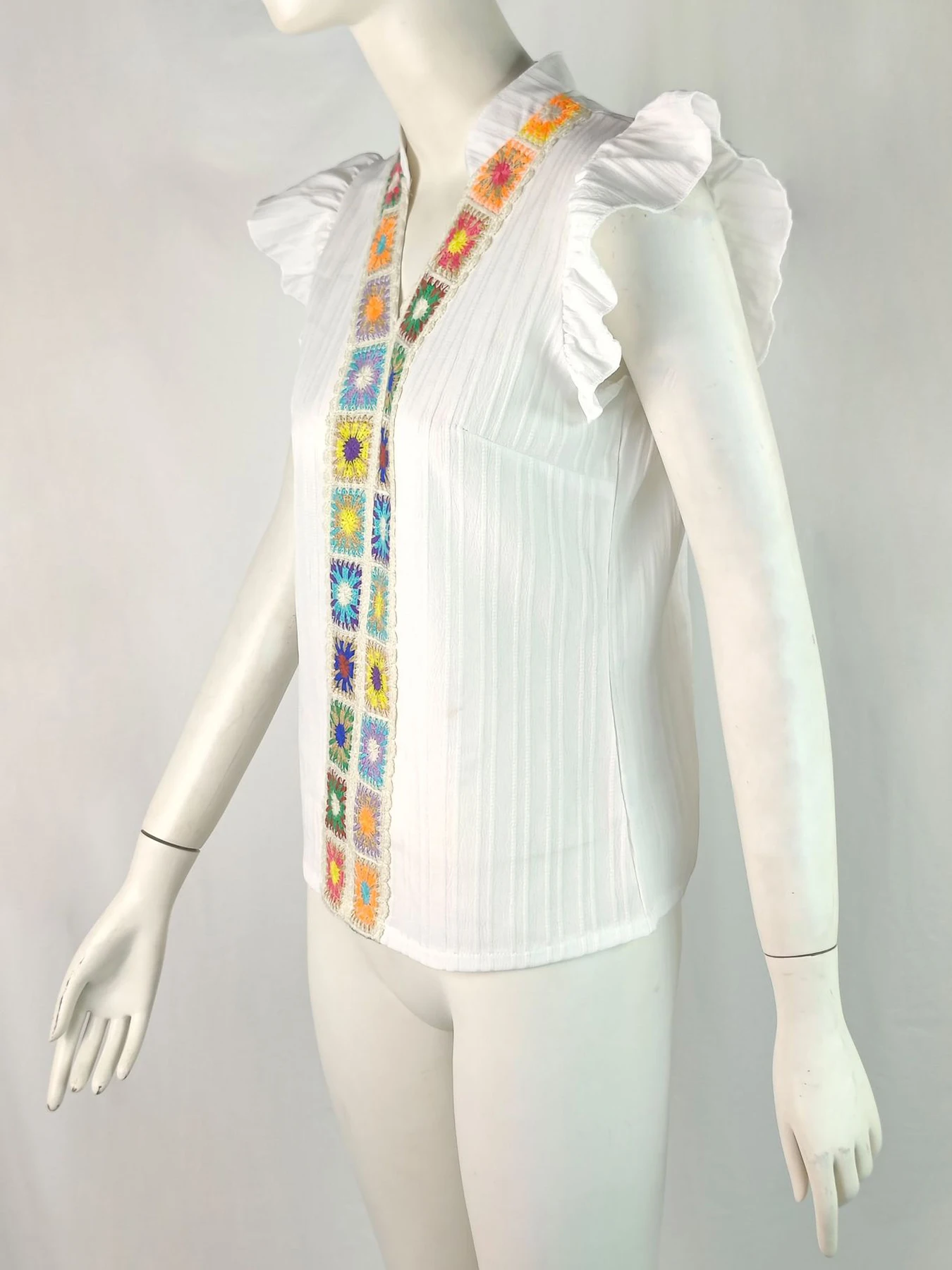 Camicia da donna Boho con motivo patchwork stampato floreale con colletto dentellato e volant, perfetta per le vacanze, per l'estate