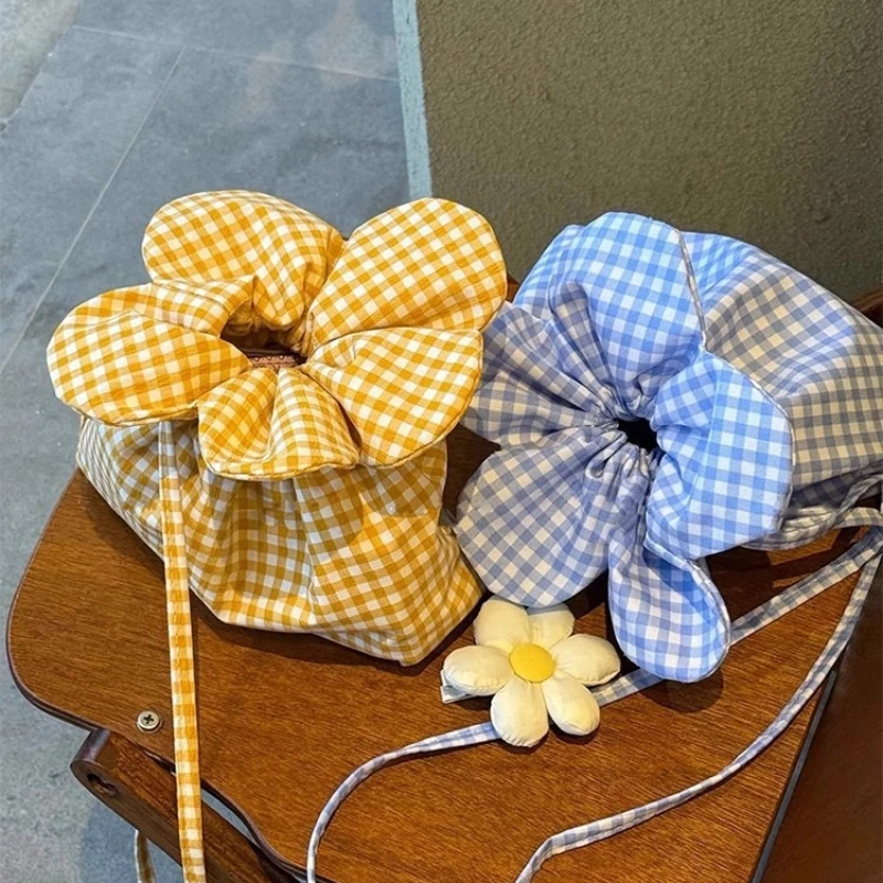 

Милые цветочные женские сумки на плечо на шнурке, милые портативные сумки-ведра для девочек, клетчатая женская маленькая сумочка-кошелек