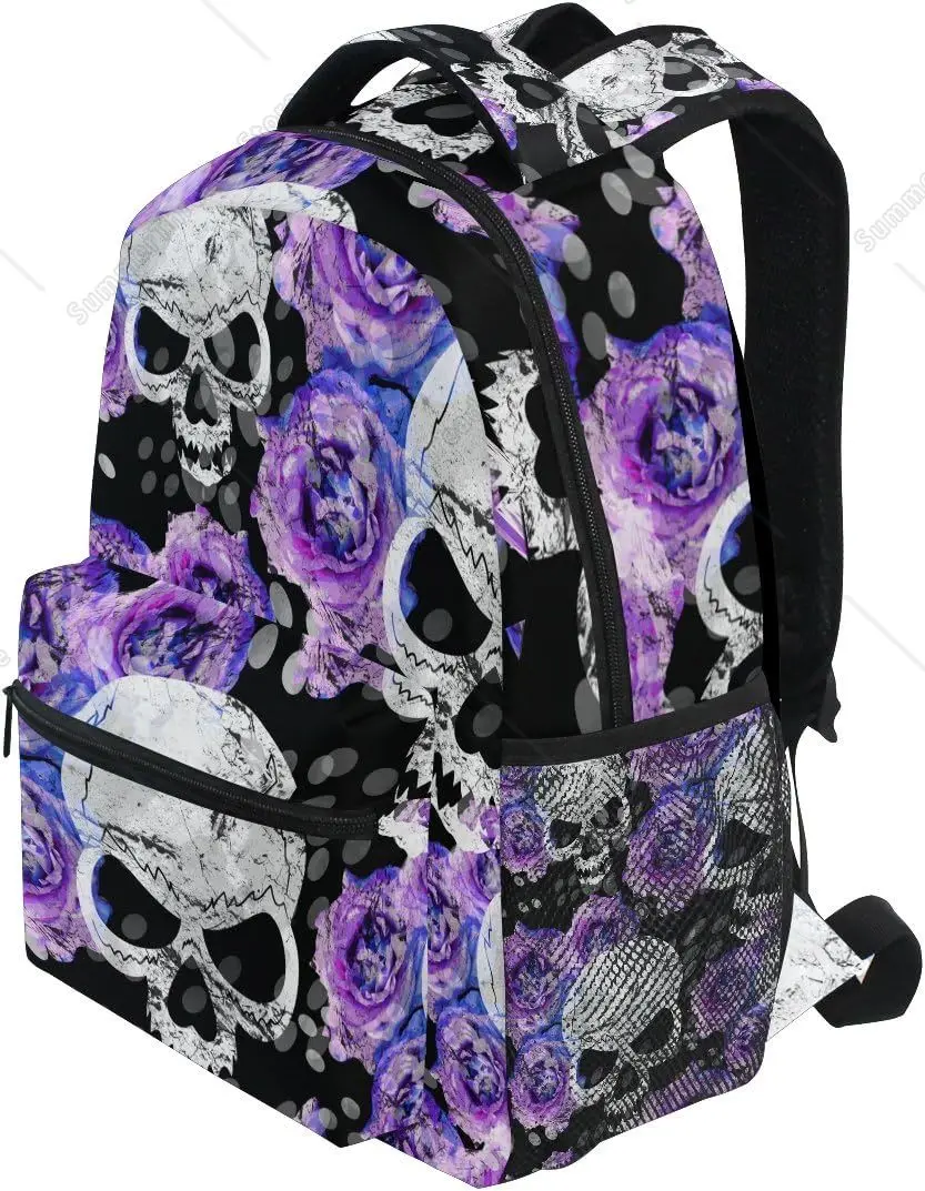 Nuovo termine scolastico Essenziale! Zaino con teschio e rosa viola, stampa in stile gotico, borsa tagliente per i fan della moda scura