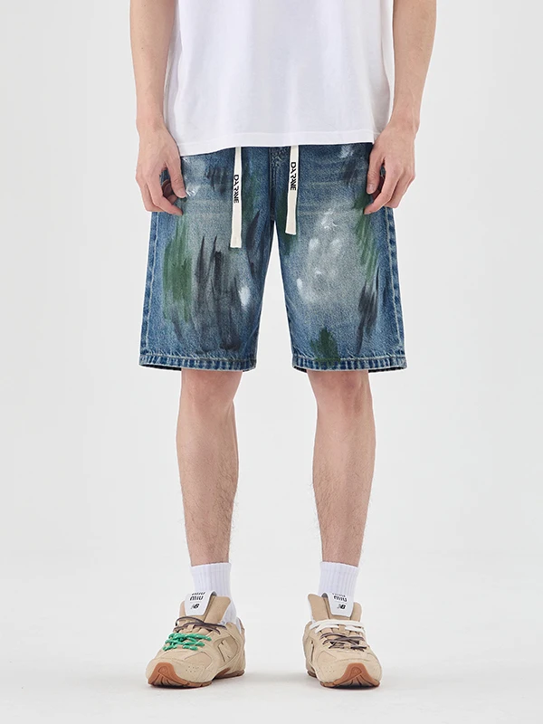 

Мужские джинсы-шорты American High Street Splaed Ink с эластичным поясом, свободные, широкие, прямые, повседневные, модные, длиной до колена