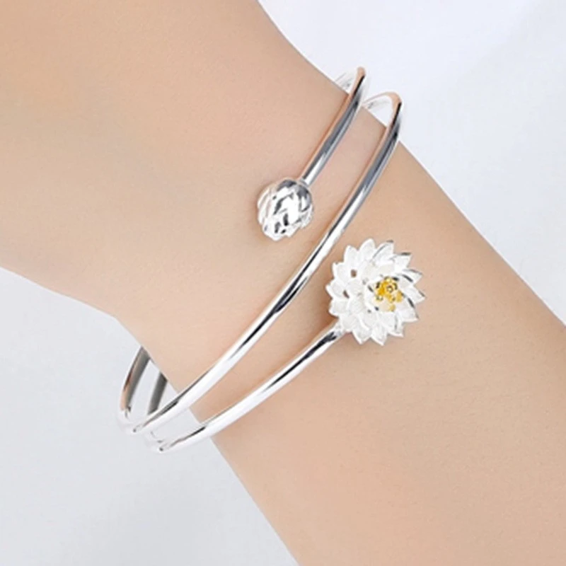 Fashionable Lotus 925 Sterling Silver Bangles Split Layer Opening Bracelets