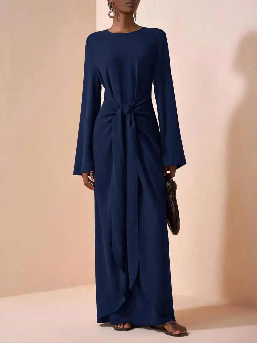 Blue Long Sleeve Wrap Waist Maxi Dress With Flared Cuffs Round Neck Elegant Casual Party Dress