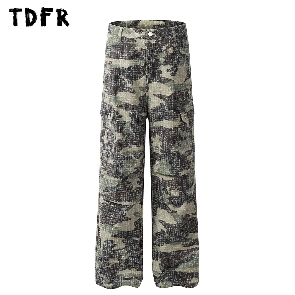 

Camouflage Pocket Cargo Pants Mens Safari Style Loose Straight Wide Leg Pleated Trousers Men