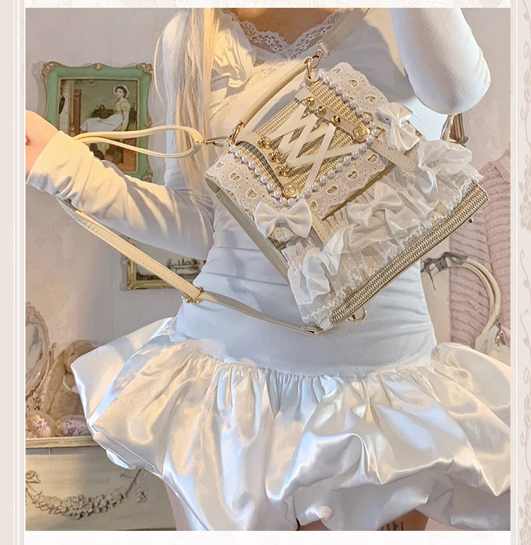 2025 Original Lolita Two-tone Bow Pearl Ribbon Cute Straw Bag Sweet Pastoral Shoulder Tote Bag Daily Backpack