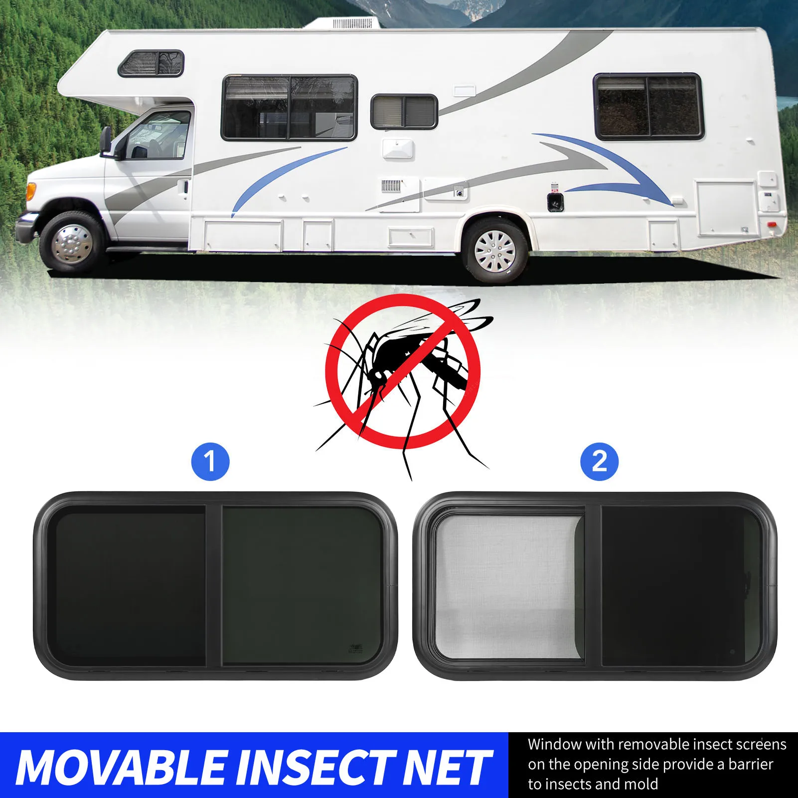 หน้าต่างบานเลื่อนทรงโค้งมน ขนาด 1000x500 มม. กรอบอลูมิเนียมอัลลอยด์สีดำ ป้องกันรังสียูวี พร้อมมุ้งกันแมลง สำหรับรถบ้านคาราวาน