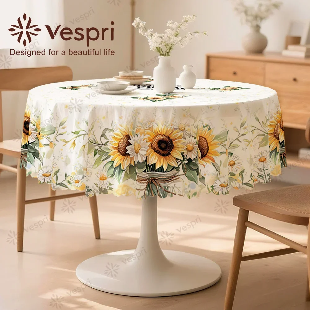 Farm style, wood grain tablecloth, white and yellow decorations, sunflowers and green leaves, yzb