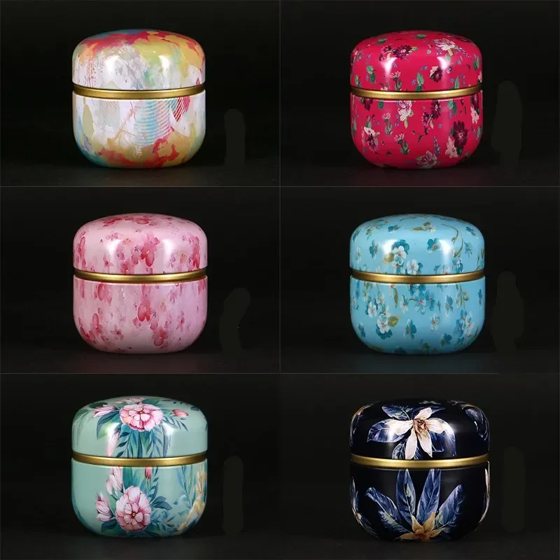 Tea Caddy Tinplate Household Sealed Packaging Box Portable Japanese Style Flower Round Small Tin Containers