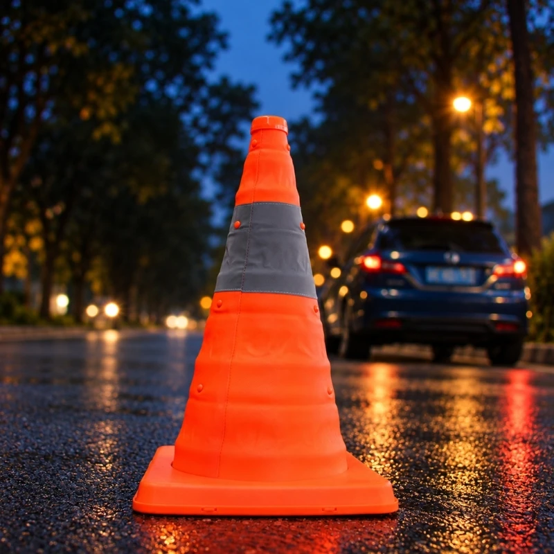 Collapsible Cone with Reflective Band and Square Base, Hand-Opened Warning Design for Vehicle Stops and Flat F19E