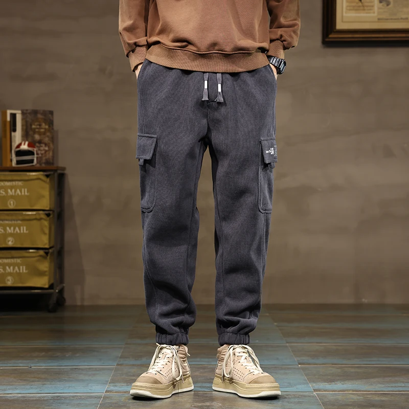 Winter Thick Fleece Men's Jogging Pants Warm Comfort Sweatpants Loose Casual Fashion Korean Multi-Pocket Thermal Cargo Trousers