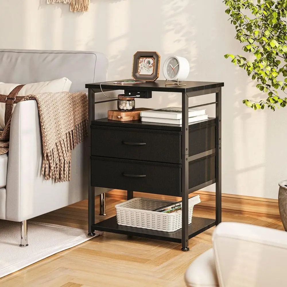 LED-Illuminated Charging Nightstand with 4-Tier Storage, Fabric Drawers, and Open Shelves, 27.6 Tall, Space-Saving for Bedroom,