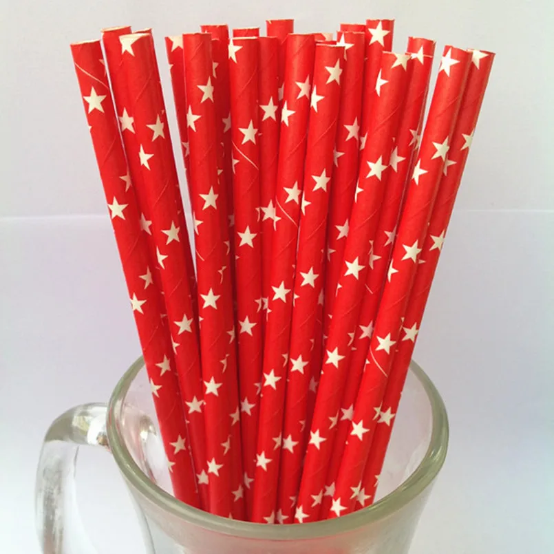 100 Pcs White Star Printed Red Paper Straws,Biodegradable Christmas Holiday Party Supplies Paper Drinking Straws Bulk Disposable