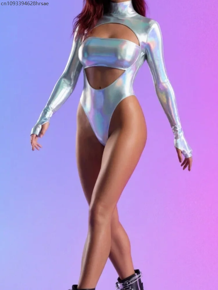 Women Shiny Bodysuit Turtleneck Long Sleeve Hollow Out Cutout Leotard Rave Festival Cosplay Outfit Beach Surfing Swimsuits view 5