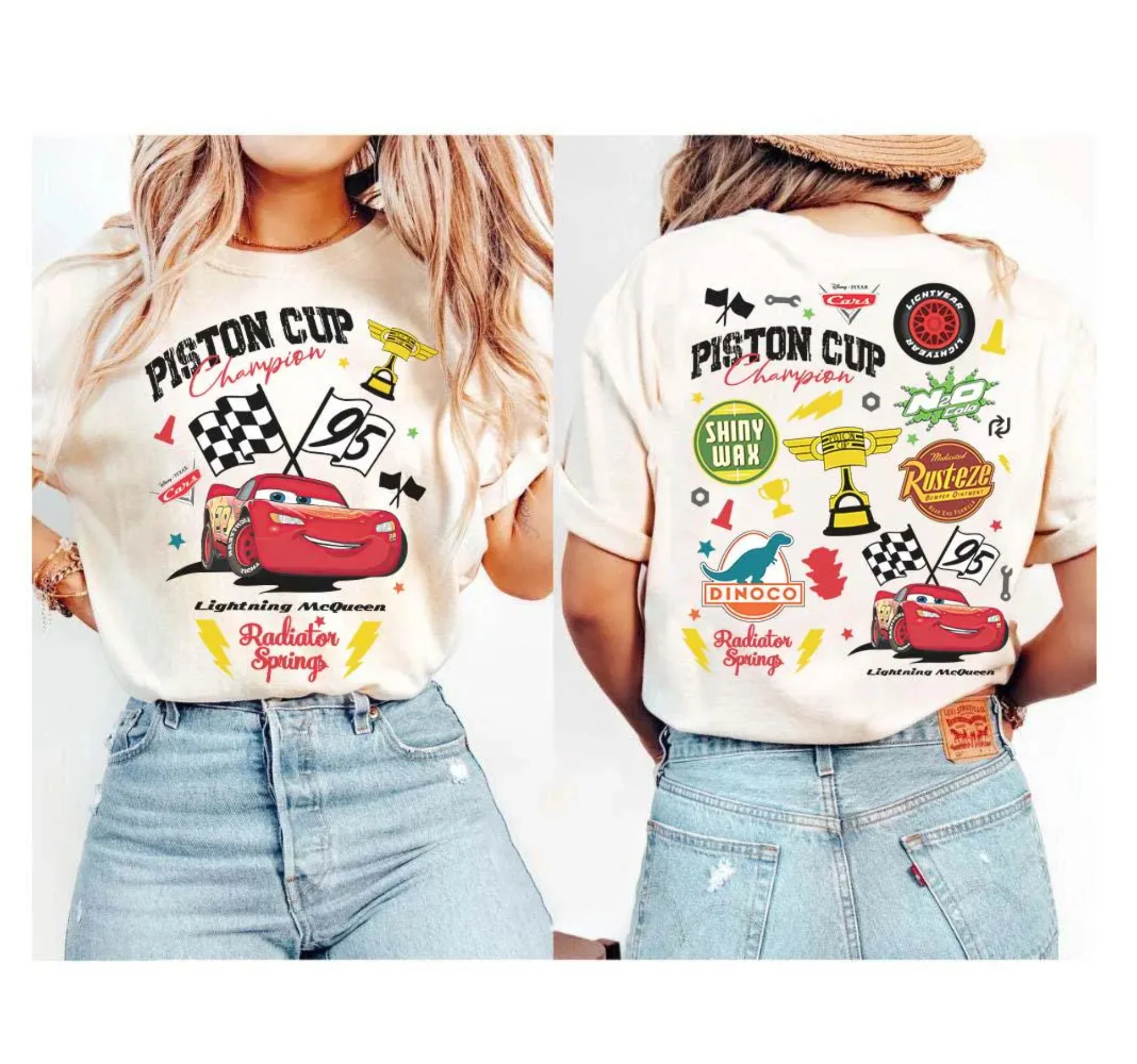 ديزني 2026 سيارة جديدة البرق ماكوين كأس المكبس بطل مطبوعة المرأة تي شيرت فضفاض الخريف والشتاء سوبر قصيرة الأكمام #2