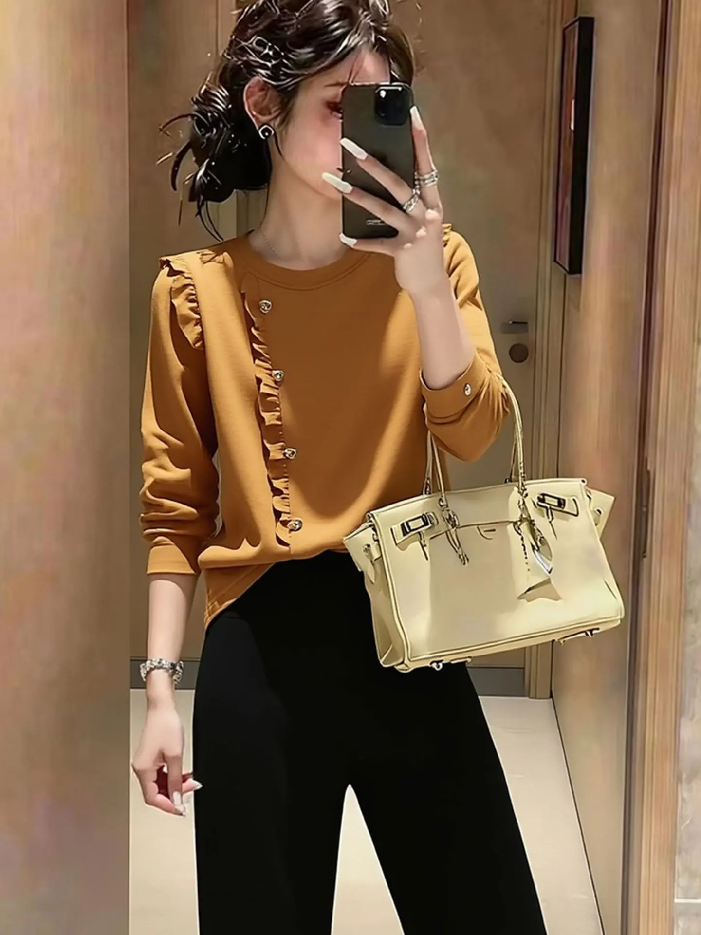 

Женский свитшот Ele Long Sve с круглым вырезом, свободный базовый слой, весна 2026, для поездок на работу, комфортный, средней плотности, из шерсти