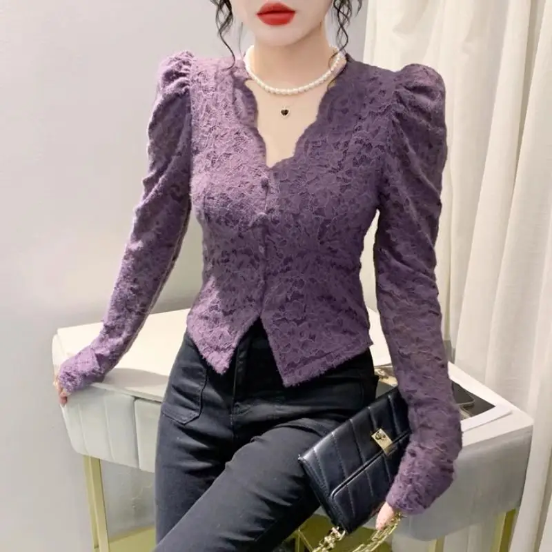 Luxqlo V-neck Purple Lace Long-sleeved Blouse Women's Korean Version of Fashionable Simple Casual Shirt Slimming Top