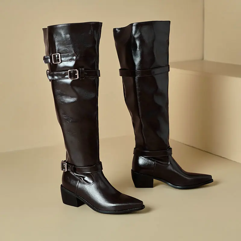Extra Big Size 48 47 Patent PU Leather Buckle Strap Western Cowboy Punk Gothic Shoes Pointed Toe Chunky Heels Knee-high Boots