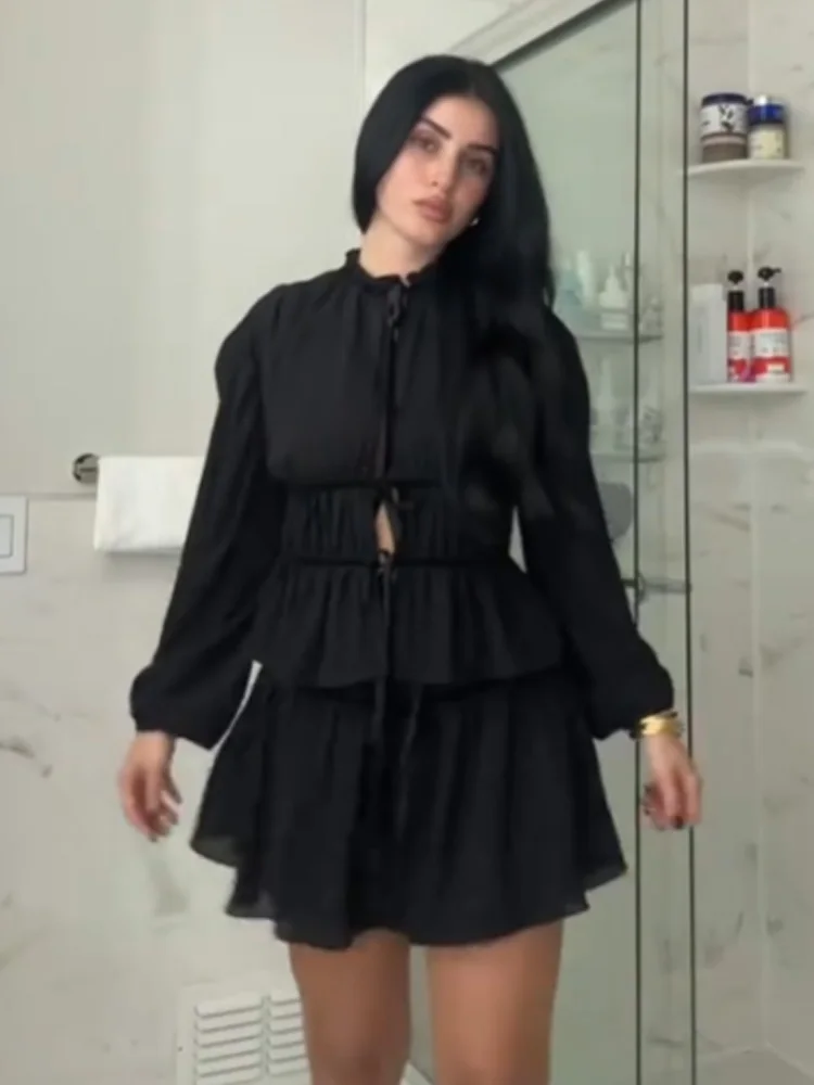 

HH Woman New Fashion Round Collar Long Sleeves Bow Lace-up Pleated Decoration Shirt Female Autumn Slim Loose Black Blouse