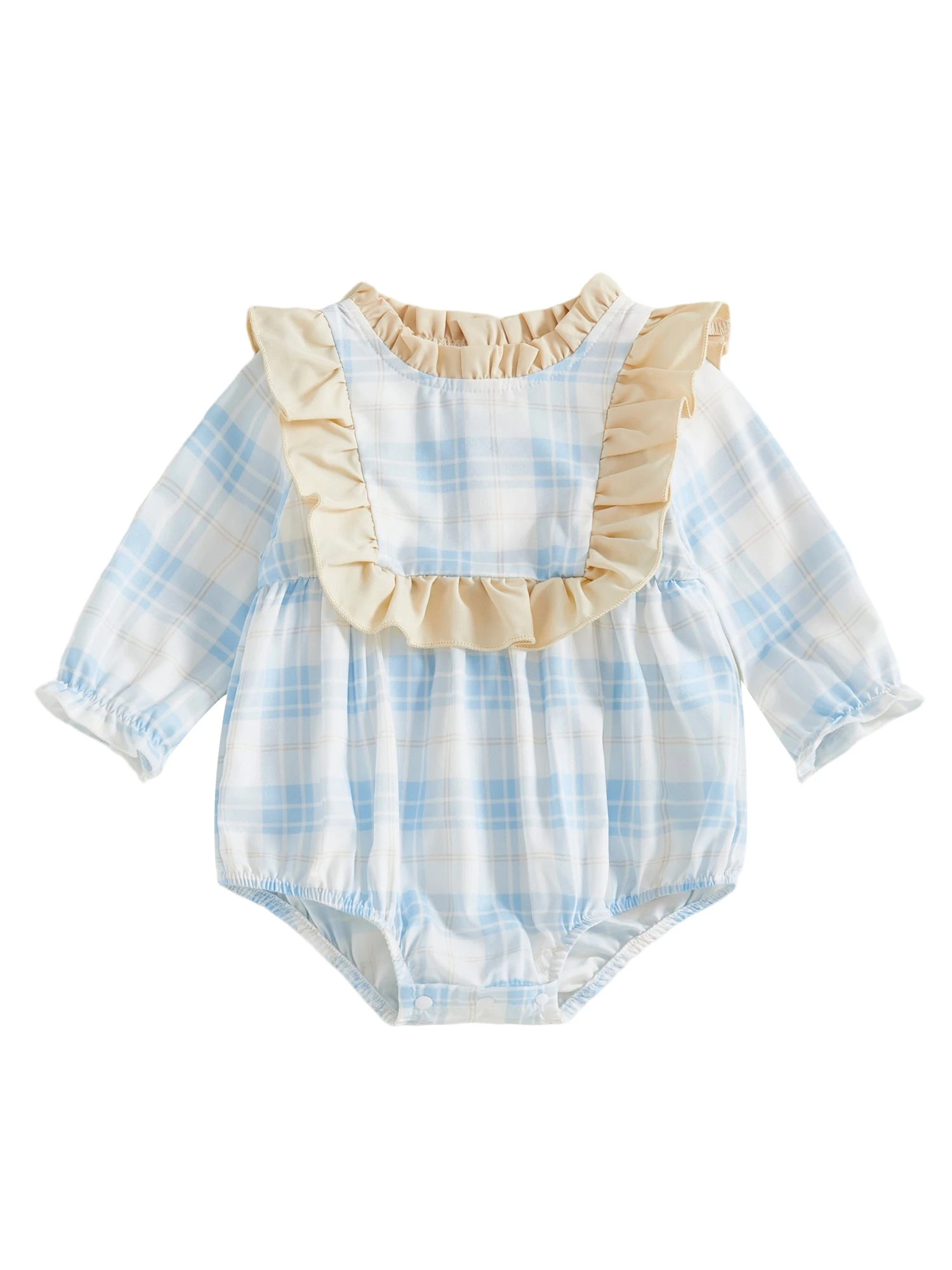 Adorabili pagliaccetti per neonata con maniche a lanterna, girocollo pieghettato e simpatica stampa scozzese - Tuta elegante per neonati