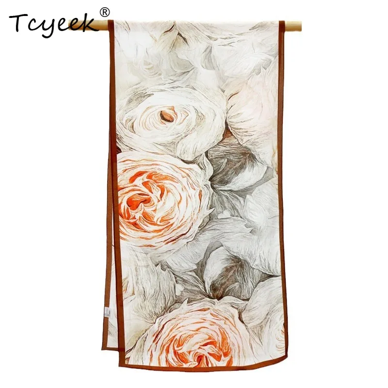 

Tcyeek, 100%Real Slik Elegant Scarf, Women Rose Flower Printed, Mom Gifts All-match Fashion Scarves, 2024 Summer New A458124QC